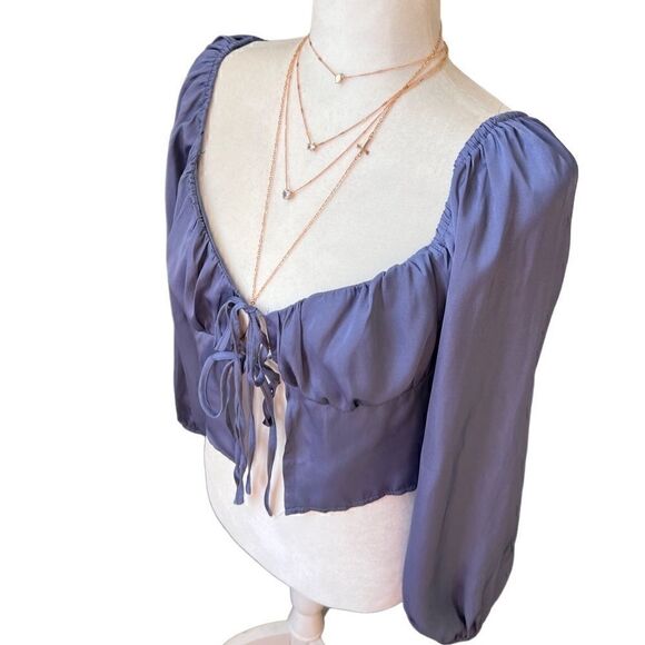 LA Hearts Pac Sun Tie Front Satin Long Sleeve Top blue size small - Picture 5 of 16